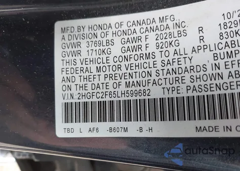 2020 Honda Civic Lx из США, поврежденный, VIN 2HGFC2F65LH599682